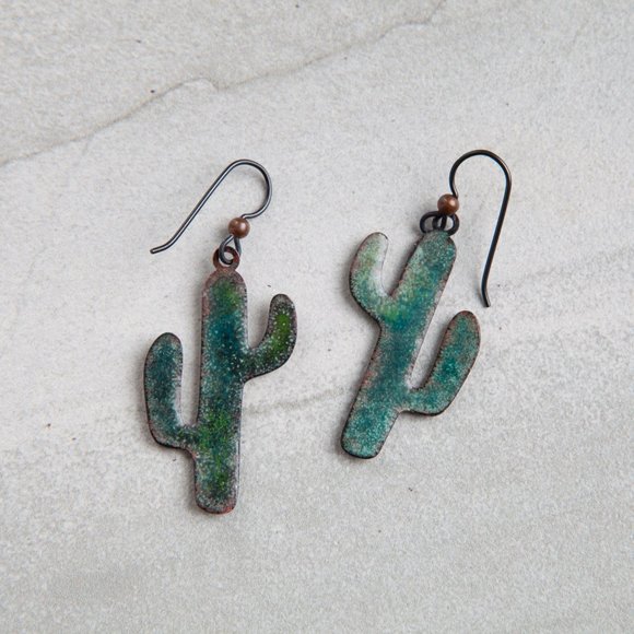 Handmade Copper Enamel Cactus Earrings Hand Crafted Artisan Vitreous Enamel - Picture 7 of 9